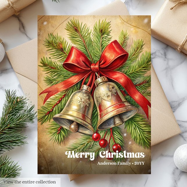 Charmanta julklockor klassiska julholtsbär  julkort (Charming Christmas bells classic holly berries card)