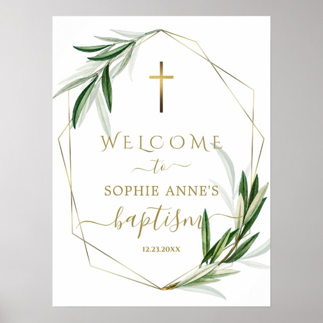 Charmanta olivlöv i guld dop välkomstskylt poster (Framsidan)