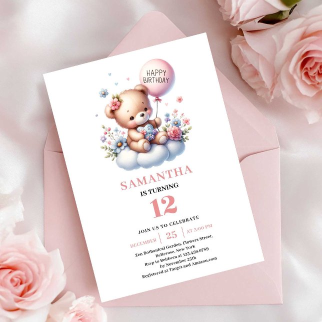 Charmanta teddybjörn ballong flicka födelsedagsinb inbjudningar (Charming teddy bear balloon girl birthday invitation

)