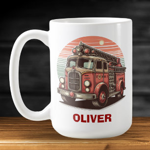 Charmast rött vintage brandbil vid solnedgång kaffemugg