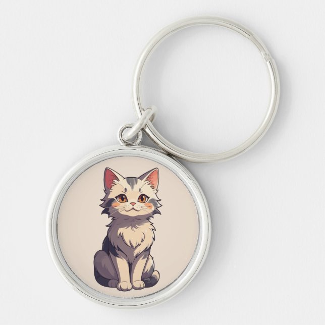 Charmerande Cute Kattunge Design Rund Silverfärgad Nyckelring (Framsidan)