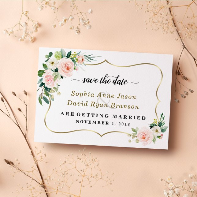Charmerande rosablommande bröllopskalligrafi spara datumet (trendy save the date wedding, floral save the date wedding, elegant pink flowers save the date)