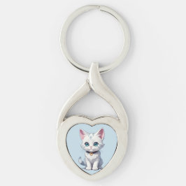 Charmerande vit kattdesign twisted heart silverfärgad nyckelring
