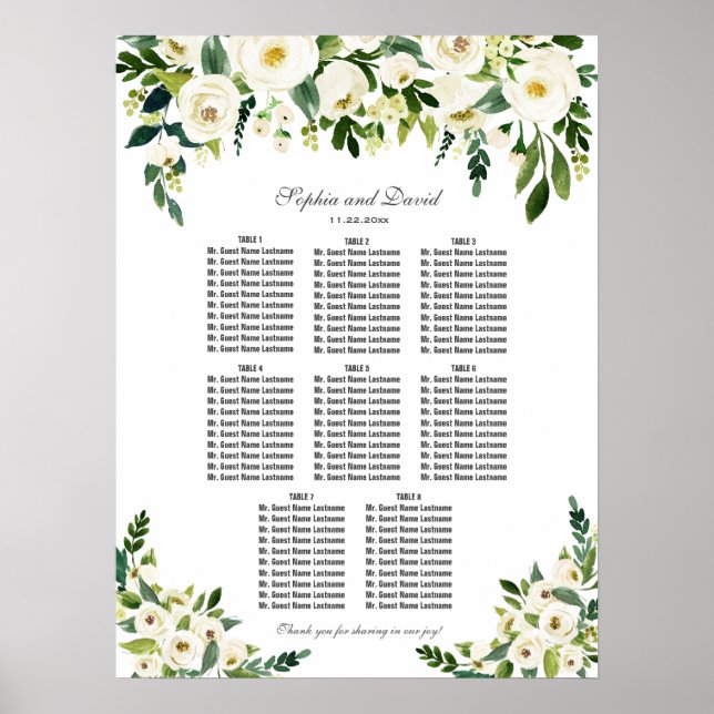 Charmerande vita blommor Bröllops sittplatskarta Poster (Framsidan)