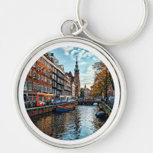 Charmfull kanalvy i Amsterdam Rund Silverfärgad Nyckelring