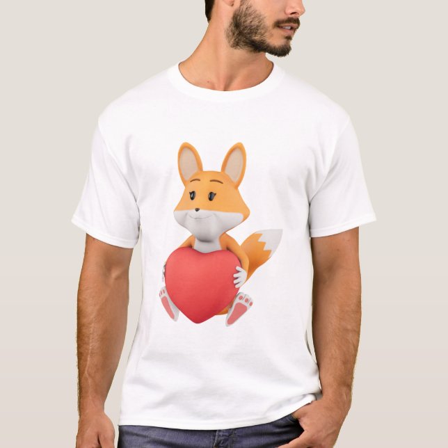 Charmig 3d räv med rött hjärta. t shirt (Framsida)