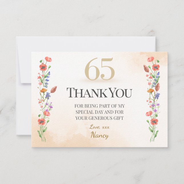 Charmig 65-årsdag – Vildblomsdesign Tack Kort (Framsida)