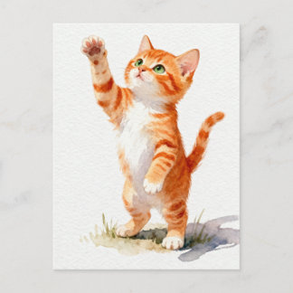 Charmig akvarell orange tabby kattunge som sträcke vykort