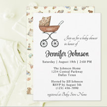Charmig antikt korgvagn Boho Baby Shower-inbjudan