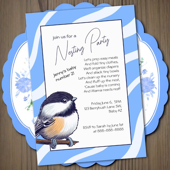 Charmig Baby Shower Blå Fågel Bo-Pingstfirande Inbjudningar (Sweet chickadee bird nesting party invitation in sky blue and white, baby shower alternative)