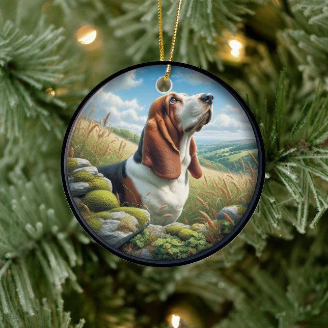 Charmig Basset Hound-scen Julgransprydnad Keramik (Skapare uppladdad)