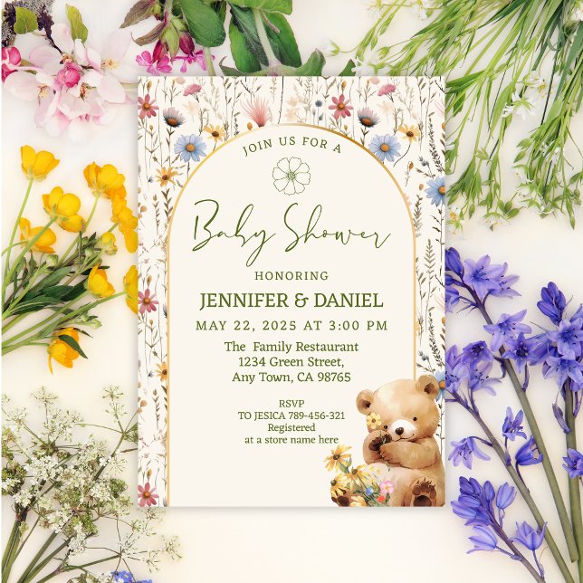Charmig beige blommig björn-babyshower inbjudningar (Skapare uppladdad)