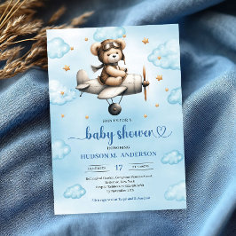 Charmig blå brun teddybjörnspilot baby shower inbjudningar