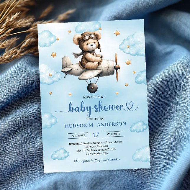 Charmig blå brun teddybjörnspilot baby shower  inbjudningar (Charming Blue Brown Teddy Bear Pilot Baby Shower Invite

)
