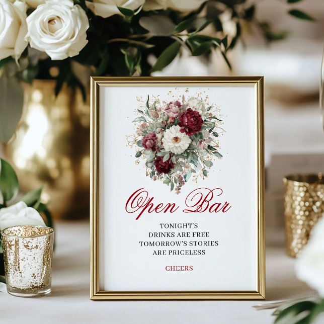 Charmig Blush Burgunder Röd Öppen Bar Bröllopsaffi Poster (Charming Blush Burgundy Open Bar Wedding Poster)