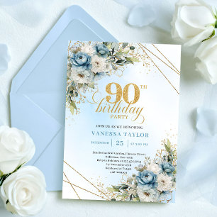 Charmig Boho Blå Blommig Eukalyptus 90-årsdag Inbjudningar