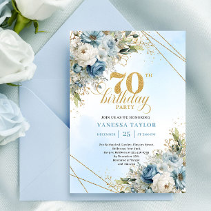 Charmig boho blå blommig guld ram 70-årsdag inbjudningar