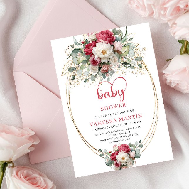 Charmig Boho Ruby Röd Rodnad Guld Baby Shower Inbjudningar (Charming Boho Ruby Red Blush Gold Baby Shower)