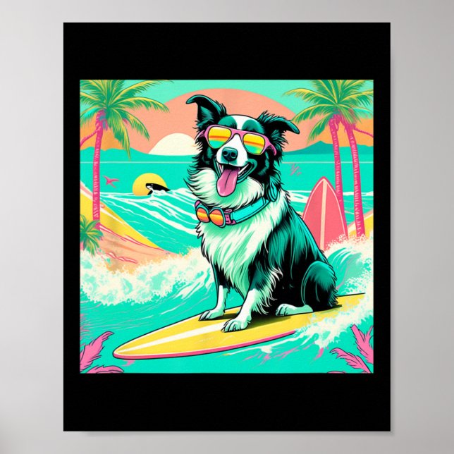 Charmig Border Collie Surfande Grafisk Beach Vibes Poster (Framsidan)