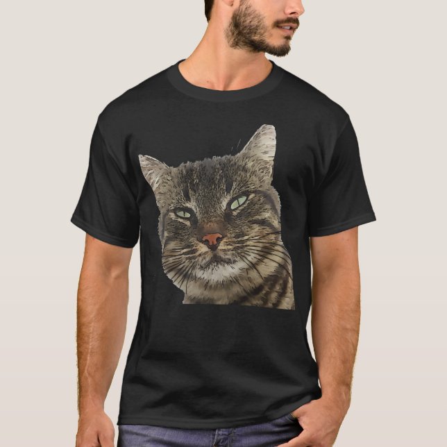 Charmig brun tabbymössa svart konturteckning konst t shirt (Framsida)