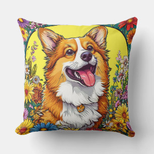 Charmig Corgi Omgiven av Färggranna Blommor Kudde