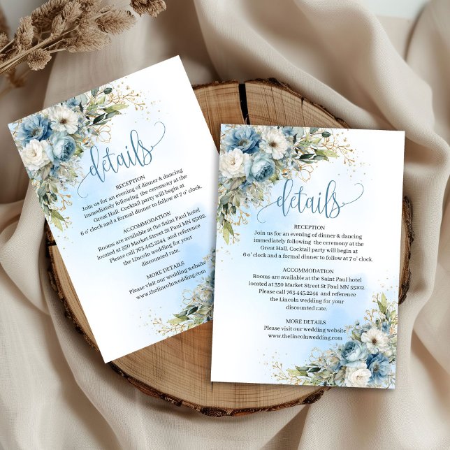 Charmig dammig blå blomster- guld bröllopsinsats OSA kort (Charming Dusty Blue Floral Gold Wedding Insert

)