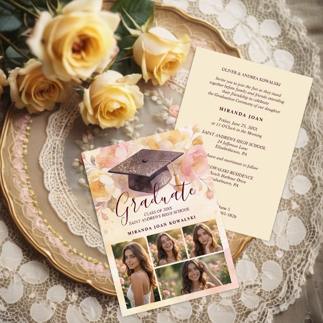 Charmig examensmössa 4-foto collage Blommig Inbjudningar (Charming Graduation Cap 4-Photo Collage Floral Background Ceremony and Party Invitation Card Design.)