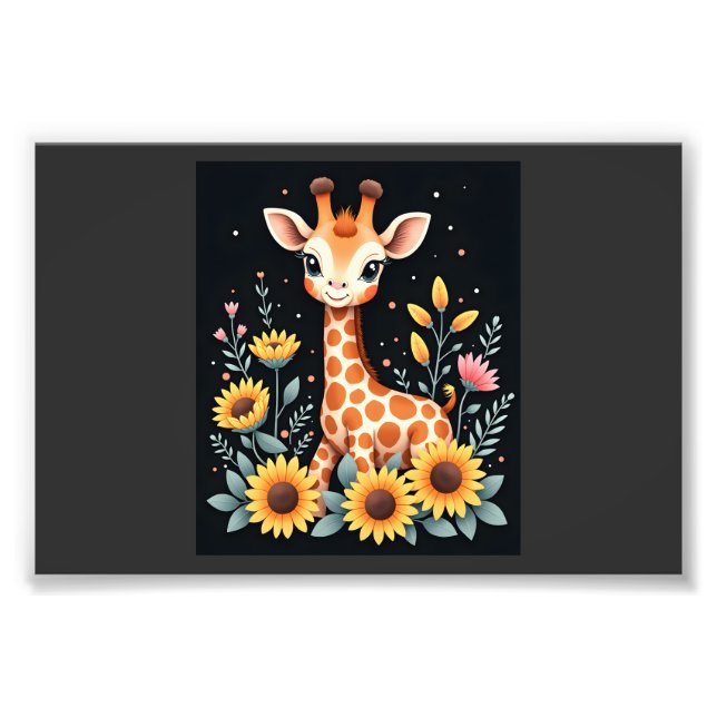 Charmig Giraff Omgiven Av Blommor Långärmad Fototryck (Framsidan)