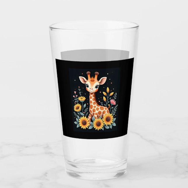 Charmig Giraff Omgiven Av Blommor Långärmad Glaskopp (Framsida)