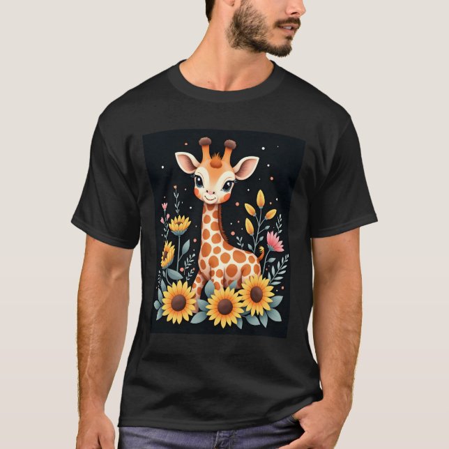 Charmig Giraff Omgiven Av Blommor Långärmad T Shirt (Framsida)