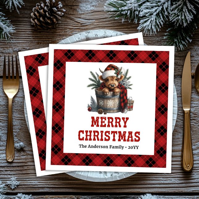 Charmig höglands ko semester röd svart tartan pappersservett (Charming highland cow holiday red black tartan Paper Dinner Napkins)