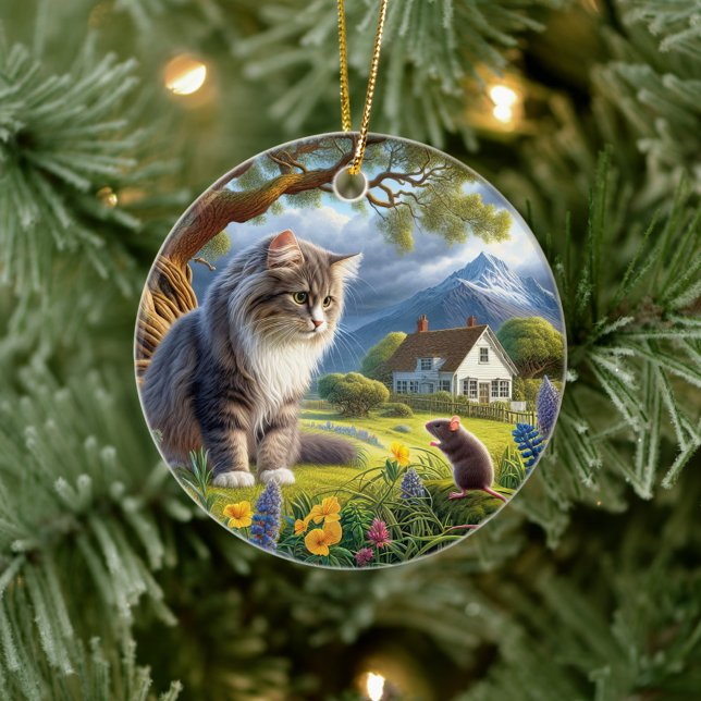 Charmig inhemsk långhårig katt souvenir julgransprydnad keramik (Skapare uppladdad)
