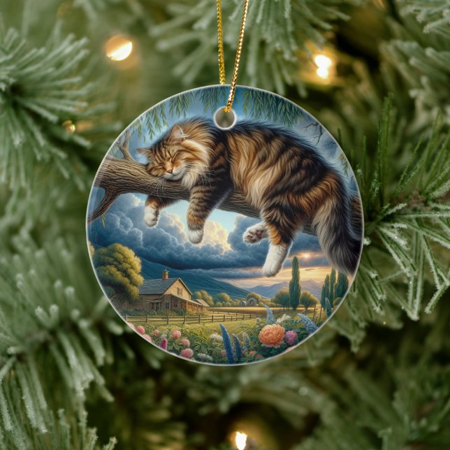 Charmig inhemsk långhårig katt souvenir julgransprydnad keramik (Skapare uppladdad)