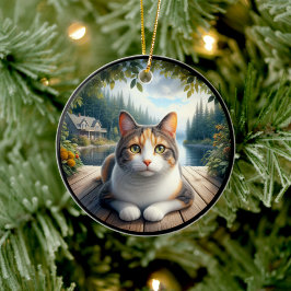 Charmig katt med trefärgat päls i lantlig scen julgransprydnad keramik