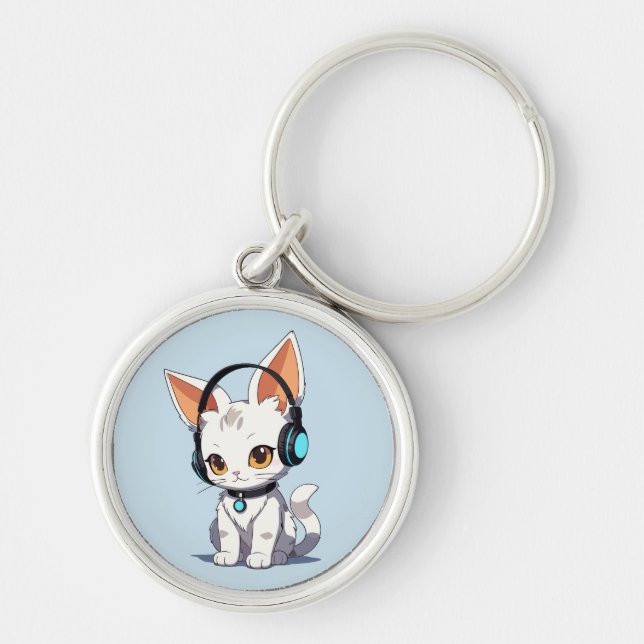 Charmig Kawaii Kattdesign Rund Silverfärgad Nyckelring (Framsidan)