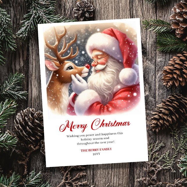 Charmig klassisk julkort med Tomte och Rudolf (Festive Classic Santa Rudolph Art Christmas Greeting Card)