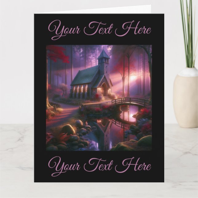 Charmig kyrka i en himmelsk höstskog kort (Framsida)