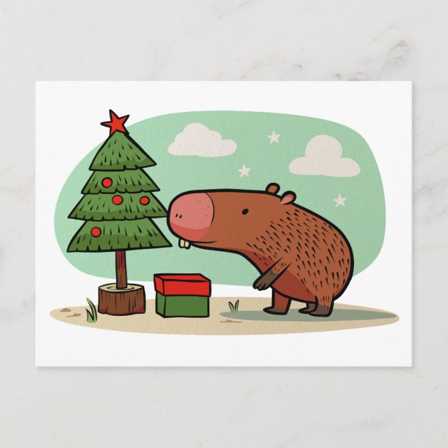 Charmig lekfull julillustration av kapybara vykort (Framsida)