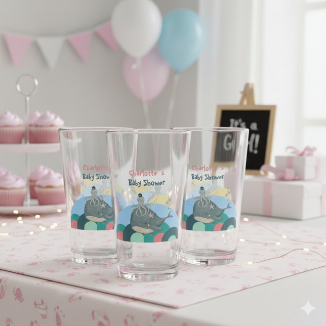 Charmig nautisk val bläckfisk rosa babyfirande glaskopp (Charming Nautical Whale Octopus Pink Baby Shower Glass ©Susanne Sachers - Sunny Mind 🌞)