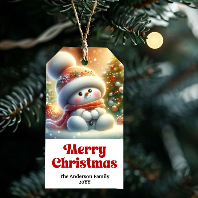 Charmig redigerbar jul-snömannen presentkort för b presentetikett (Charming Editable Christmas Snowman Kids Gift Tag Art)