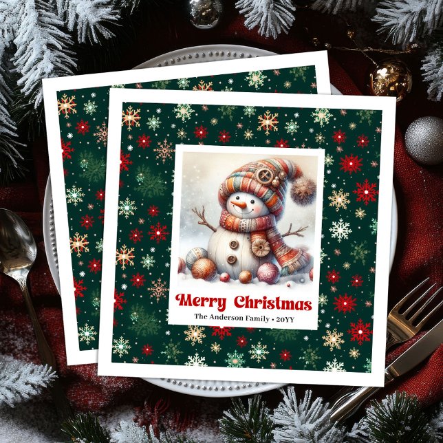 Charmig rolig snöman med snöflingor barn servett (Charming funny snowman with snowflakes kids napkins)