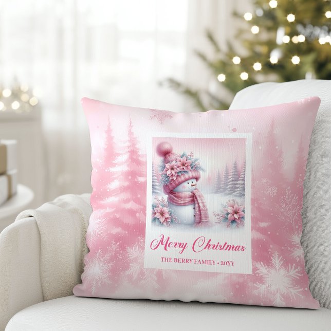 Charmig Rosa Snöman Julscen Kudd Gåva Kudde (Charming Pink Snowman Christmas Scene Pillow Gift)