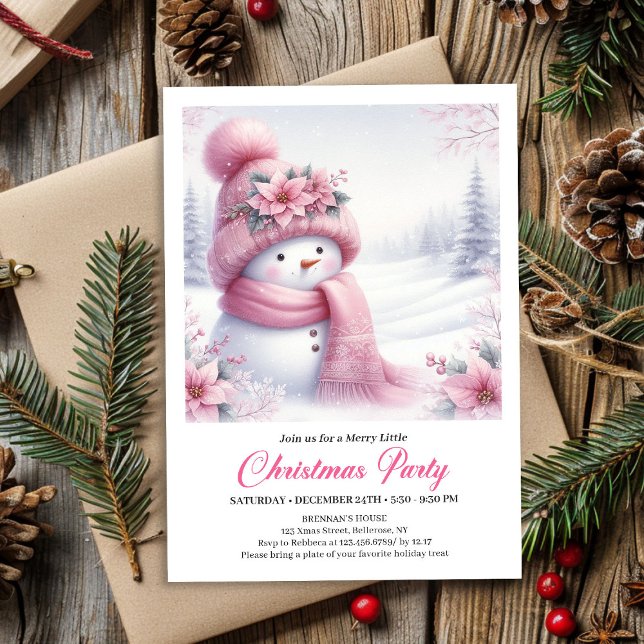 Charmig rosa snöman Redigerbar julinbjudan   Inbjudningar (Charming Pink Snowman Editable Christmas Invite for Kids)