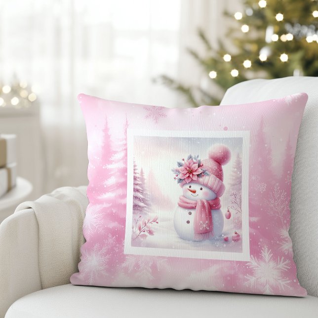 Charmig rosa snöman vinterkudde present kudde (Charming Pink Snowman Snowy Winter Pillow Gift)