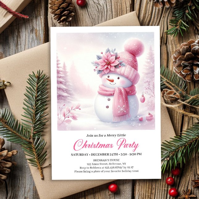 Charmig rosa snömannen barn redigerbar jul  inbjudningar (Charming Pink Snowman Kids Editable Christmas Invitation

)
