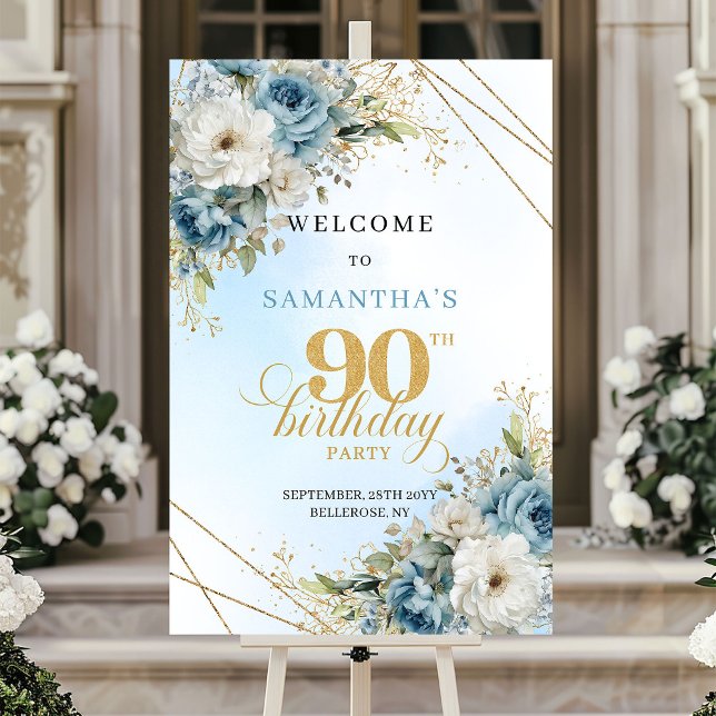 Charmig rustic dammig blå guld 90-årsdag välkomst poster (Charming Rustic dusty blue gold 90th birthday welcome)