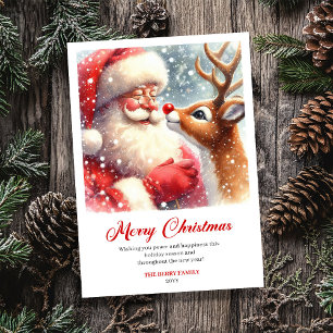 Charmig Santa och Rudolph-scen Julhälsning Julkort