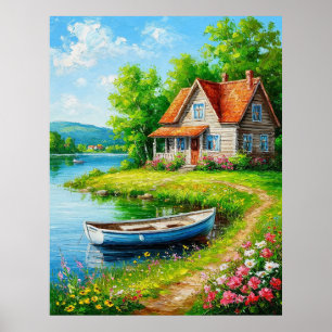 Charmig sjöhus med båt poster