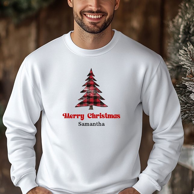 Charmig skräddarsydd rutig träd jul sweatshirt (Charming Custom Name Plaid Tree Christmas Sweatshirt)