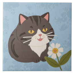 Charmig söt grå katt med en kamomillblomma kakelplatta